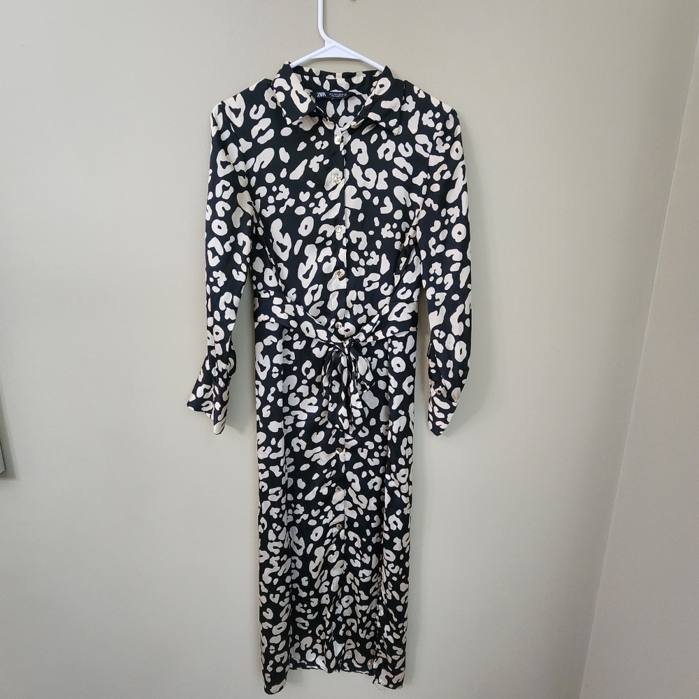 Zara Leopard Print Satin Belted Dress Size S Animal Print Longsleeve. - Picture 2 of 12